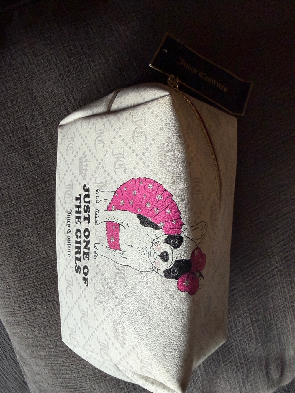 Juicy Couture White Cosmetic Pouch with Pink Dog Graphic